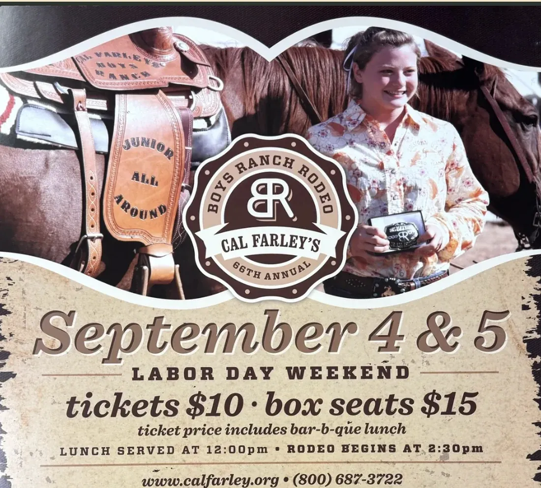 A Cal Farley's Boys Ranch Rodeo poster. Loren stands beside her horse holding a trophy, next to a saddle tooled Junior All Around