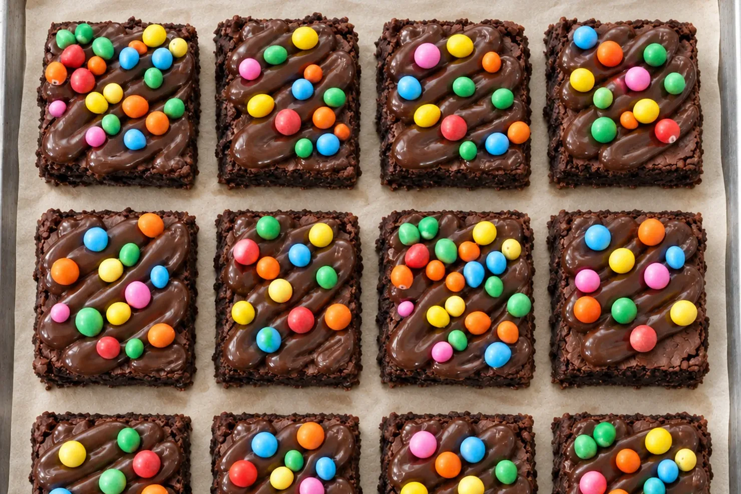 A sheet pan of Rodeo Bites brownies, each one iced and topped with candy pieces