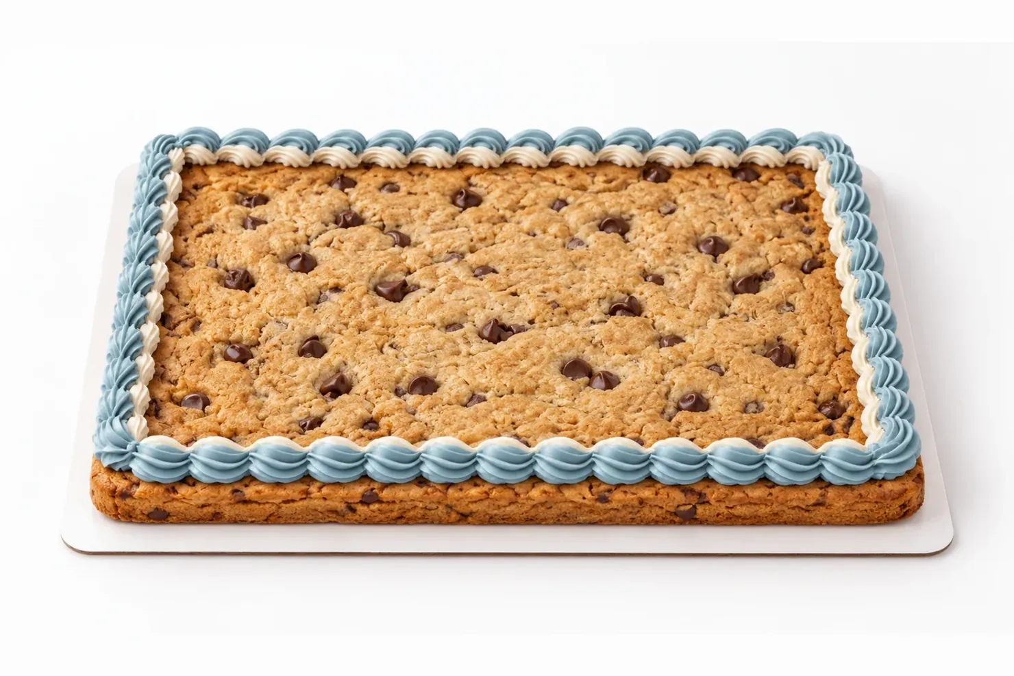 A Rodeo Bites cookie cake, chocolate chip, with a piped blue and cream icing border