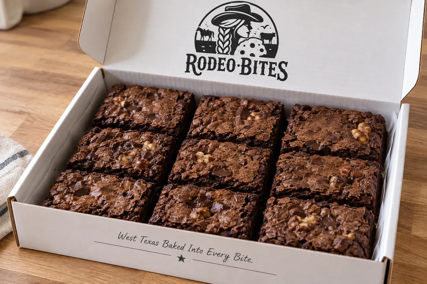 A Rodeo Bites box of nine walnut cowboy brownies, the logo on the lid and West Texas Baked Into Every Bite printed on the front