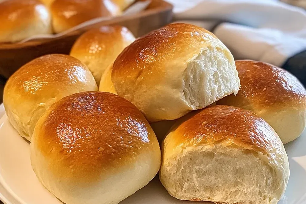 A plate of soft golden dinner rolls