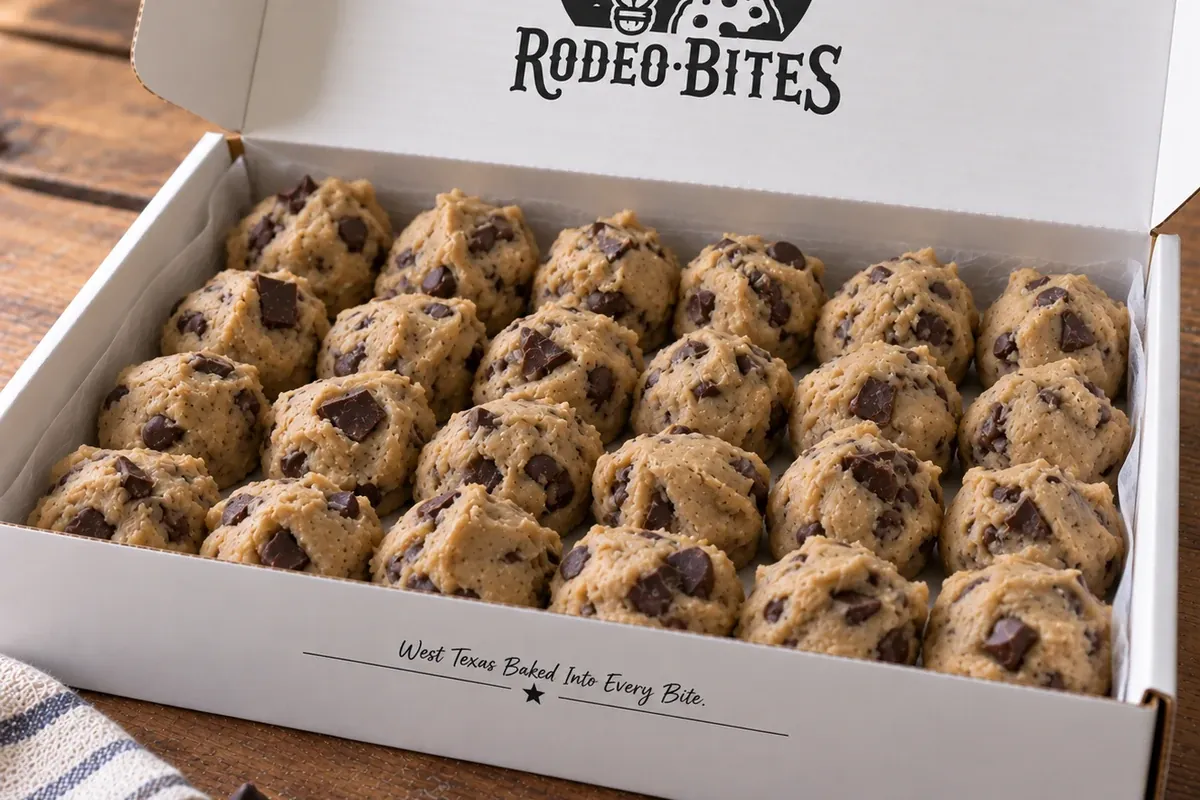 A Rodeo Bites box of frozen sourdough cookie dough pucks