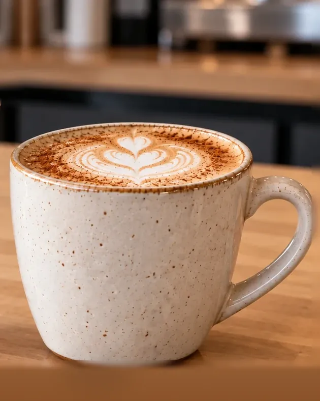A hot latte in a ceramic mug with a leaf design in the foam, on the wood counter