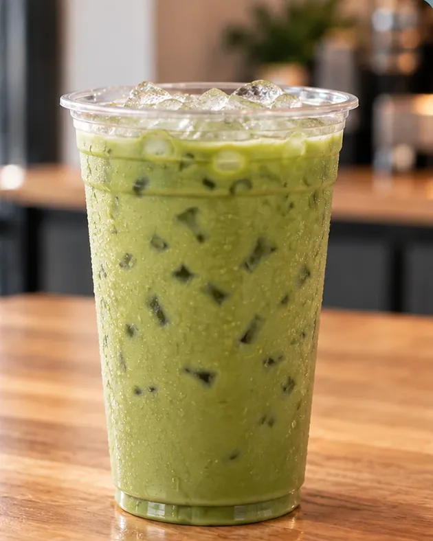 An iced matcha latte over pellet ice, a bamboo whisk and a bowl of matcha powder beside it