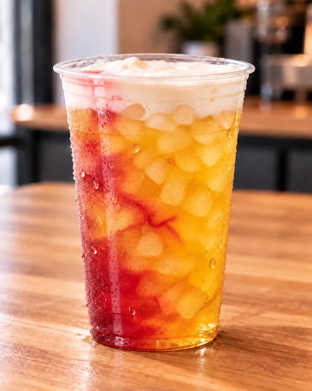 A layered red and gold iced drink with a cream cap, over pellet ice, on the counter