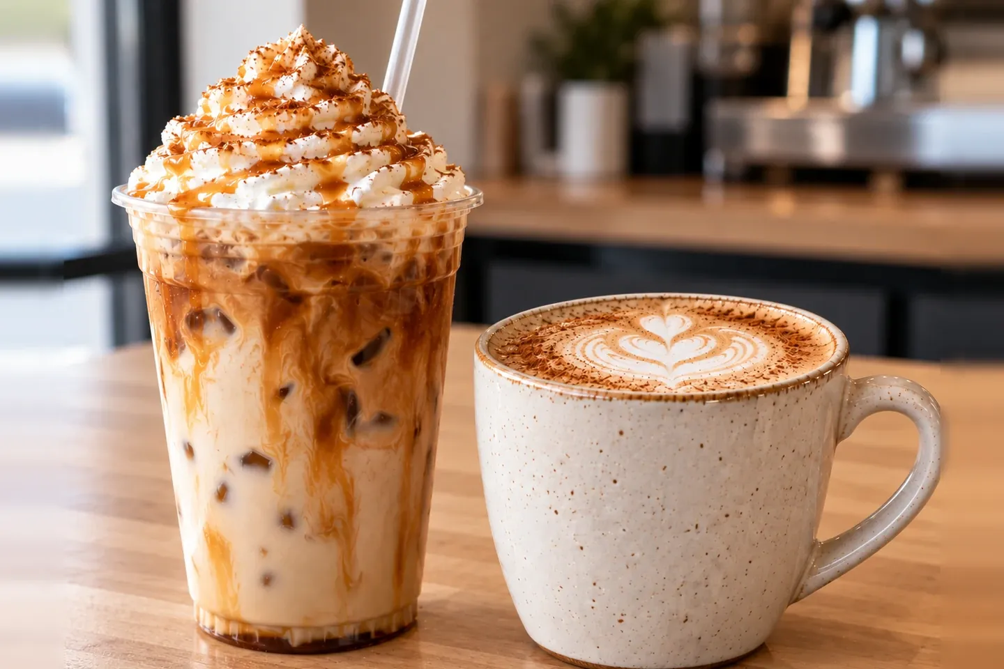 An iced caramel coffee topped with whipped cream beside a latte with poured art, on the counter