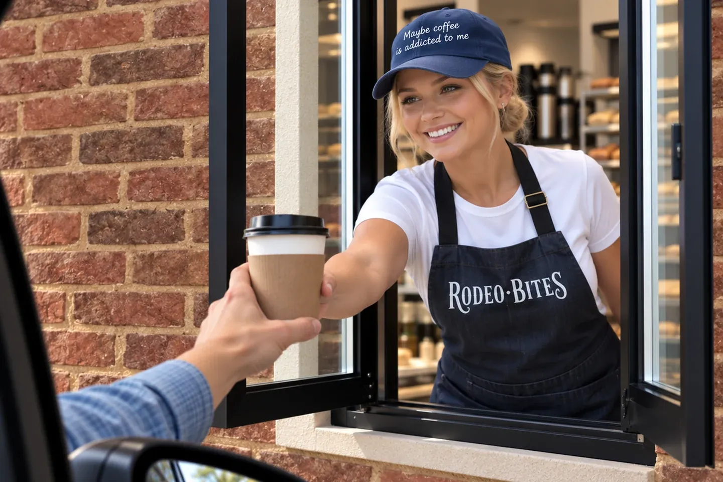 Someone in a Rodeo Bites apron handing a coffee out the drive-up window to a driver