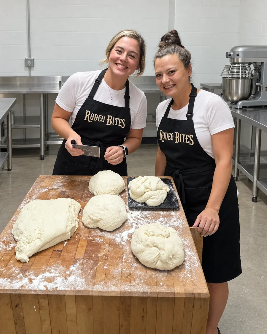 Loren and Trude in Rodeo Bites aprons behind a butcher block with five shaped sourdough doughs