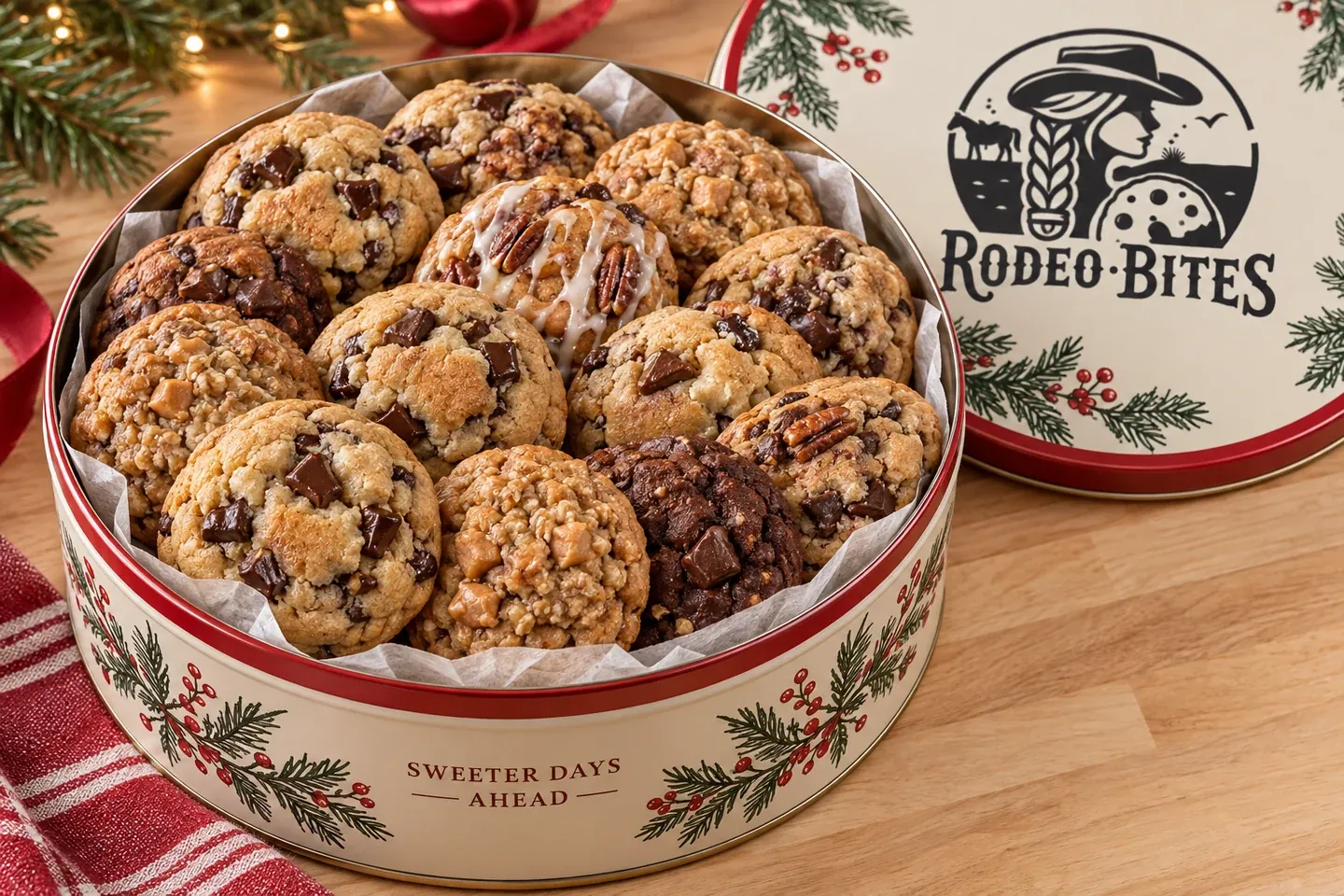 A Rodeo Bites holiday tin filled with an assortment of cookies, the lid beside it reading Sweeter Days Ahead