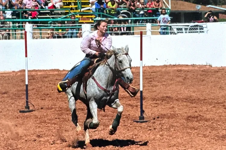Loren riding Blue, a grey horse, at a gallop through a pole bending pattern in a dirt arena
