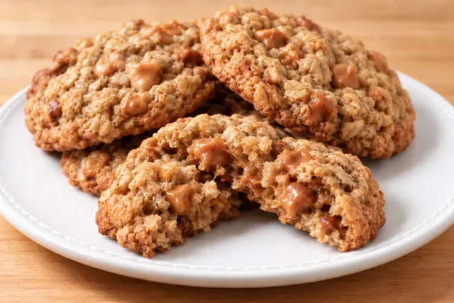 A plate of Rodeo Bites oatmeal butterscotch cookies, one broken open to show the melted center