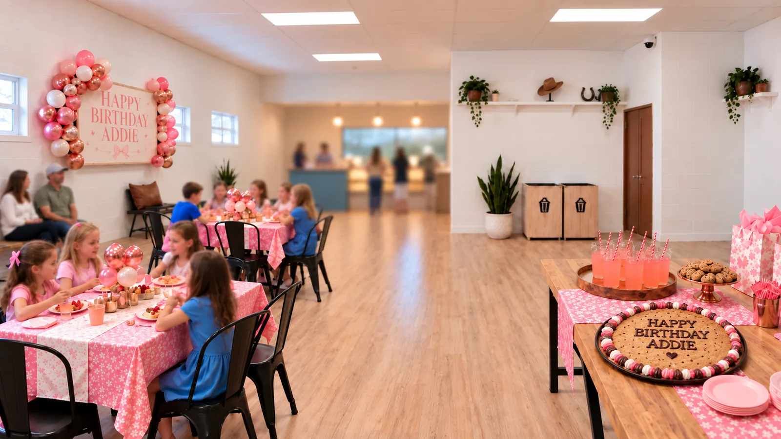 The Rodeo Bites party room set for a child&rsquo;s birthday: tables in pink floral linen with children seated, a balloon garland around a Happy Birthday sign, a side table of pink drinks, cookies and a giant cookie cake, and the bakery counter through the opening at the back