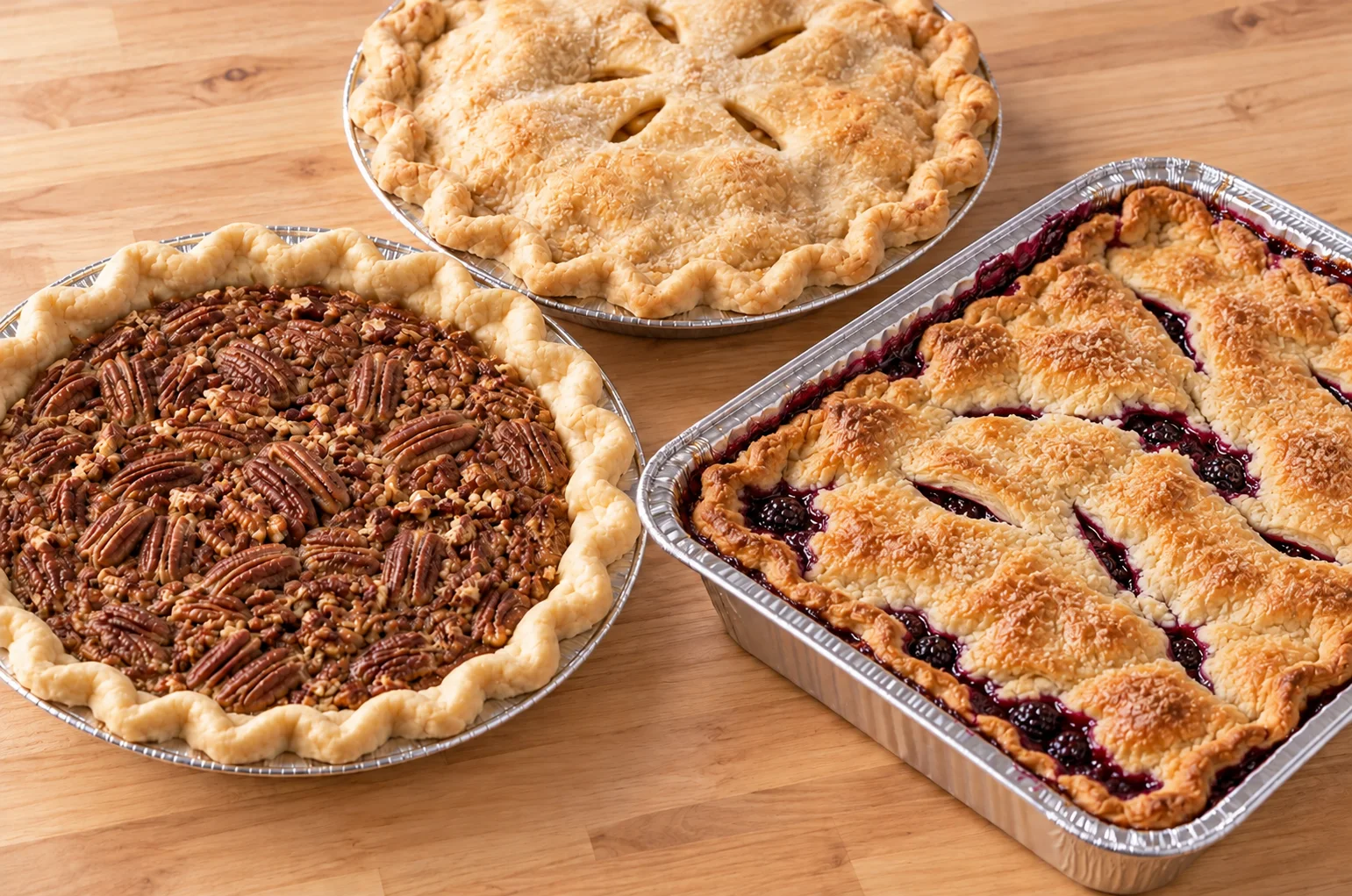 Pecan pie, a golden double-crust pie, and flaky blackberry cobbler on a wooden counter