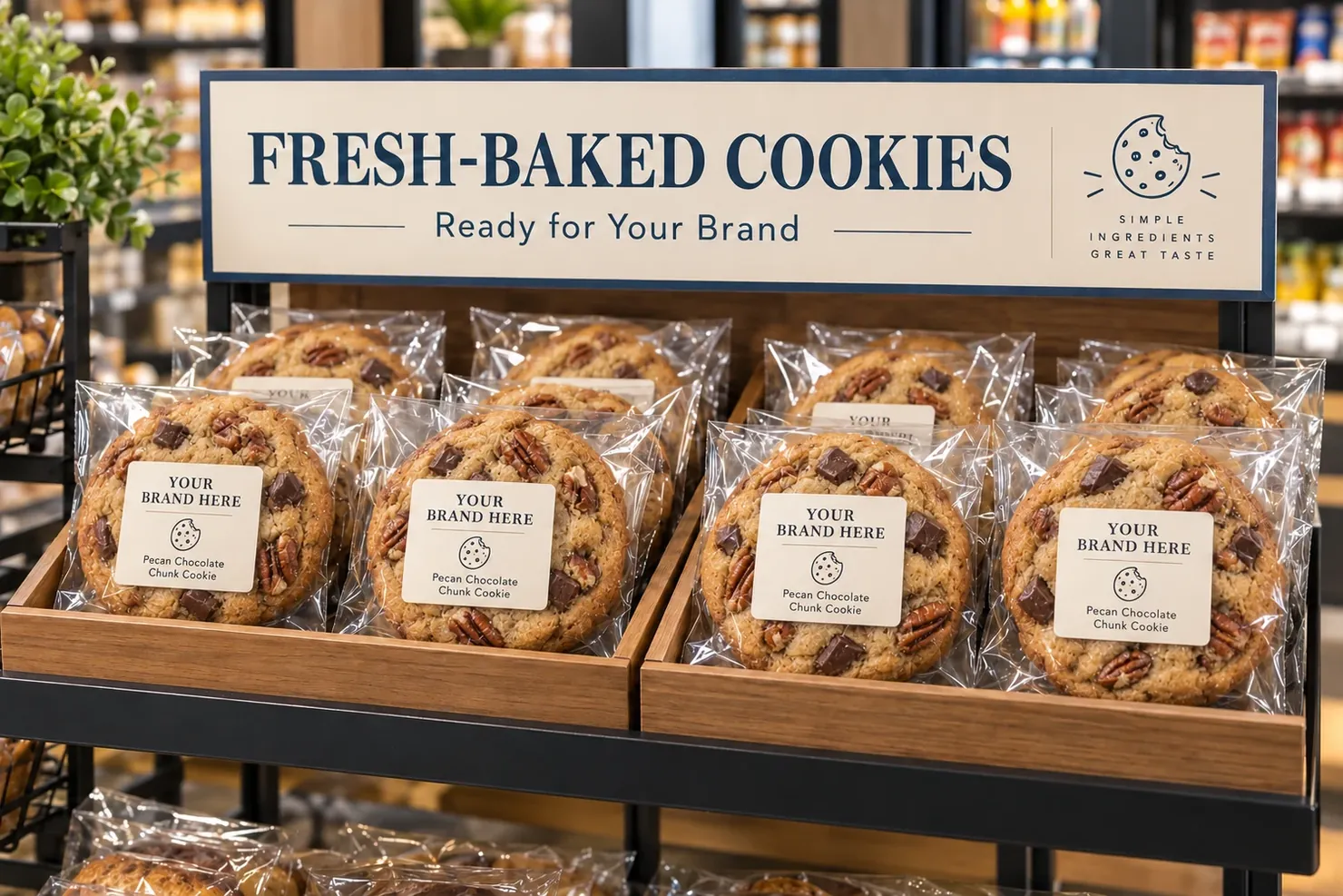 A store shelf of individually wrapped cookies under a Fresh-Baked Cookies, Ready for Your Brand sign
