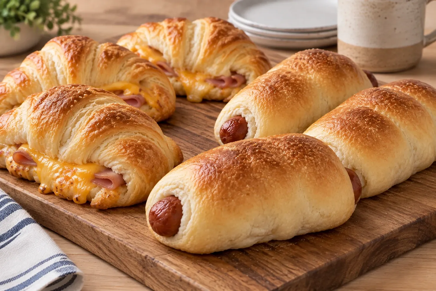 Ham and cheese croissants beside cowboy kolaches on a wood board