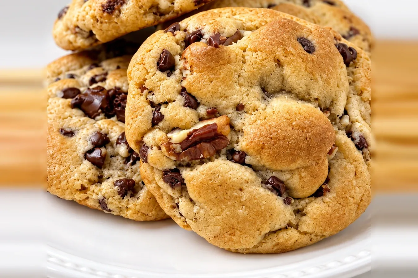 A plate of Rodeo Bites sourdough chocolate chip cookies, chocolate and pecans through a golden crust