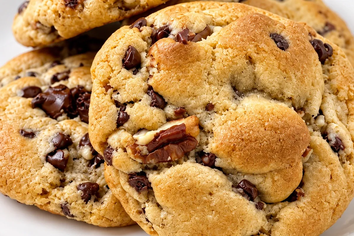 Rodeo Bites signature cookies close up, chocolate chips and pecans through a golden crust